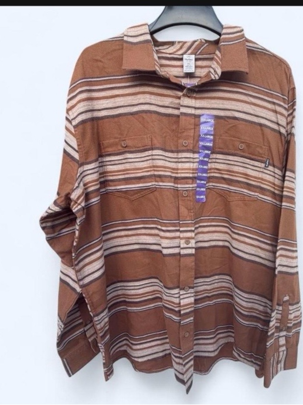 NWT Hurley Men's Brown Striped Long-Sleeve Button-Up Shirt